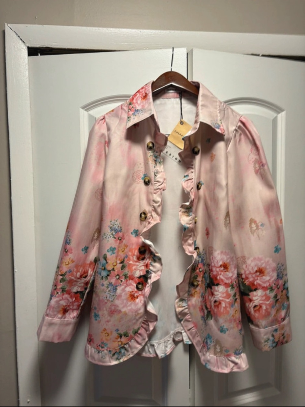 Women's Pink Floral Ruffle Blazer Jacket